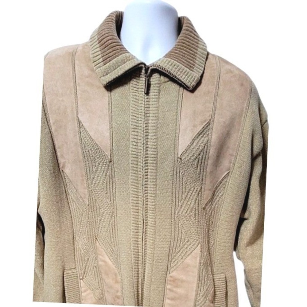Vintage Suede Look Trim Sweater Adult XL Knit Cardigan Full Zip